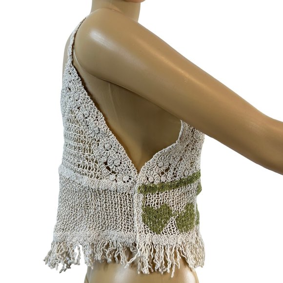 Women Boho Blouse Crop Top Crochet Small Ivory Green Hem Fringe Sleeveless V-Nec - Picture 8 of 16